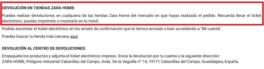 ejemplo ecommerce politica de devoluciones Zara Home