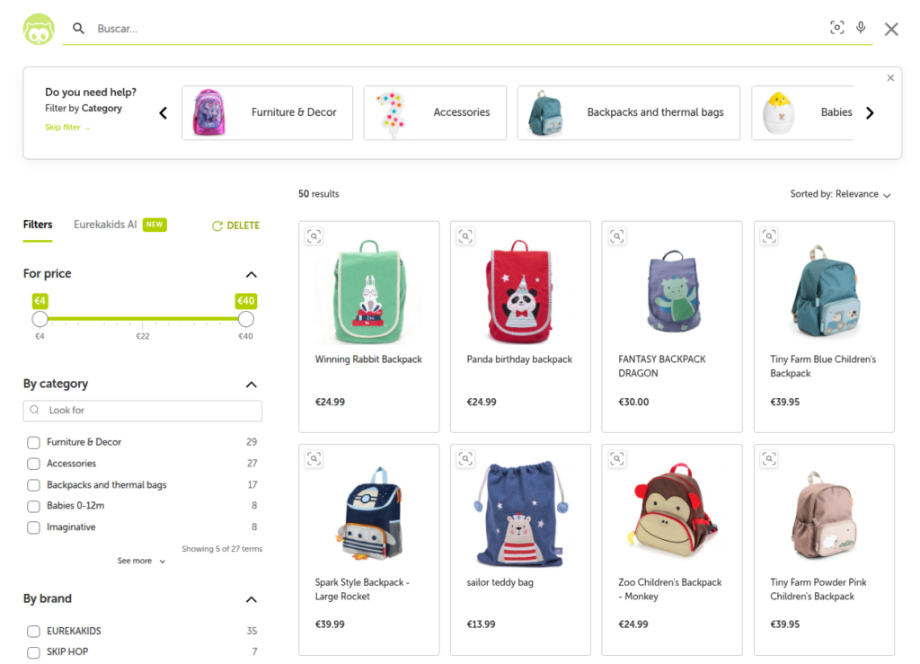 Doofinder visual search results for backpacks on EurekaKids online store.