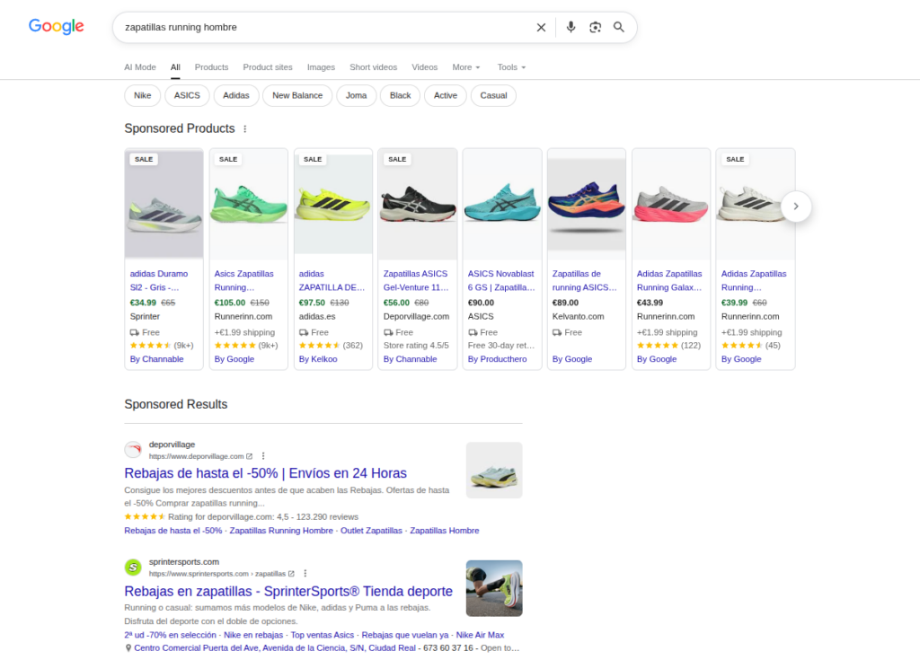 Página de resultados de Google al buscar "zapatillas running hombre"