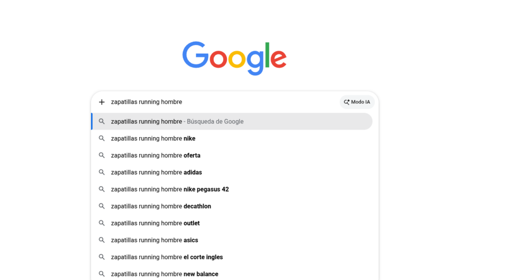 Sugerencias de autocompletado de Google al buscar "zapatillas running hombre"