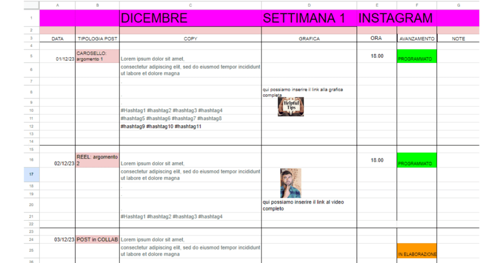 piano editoriale Instagram esempio