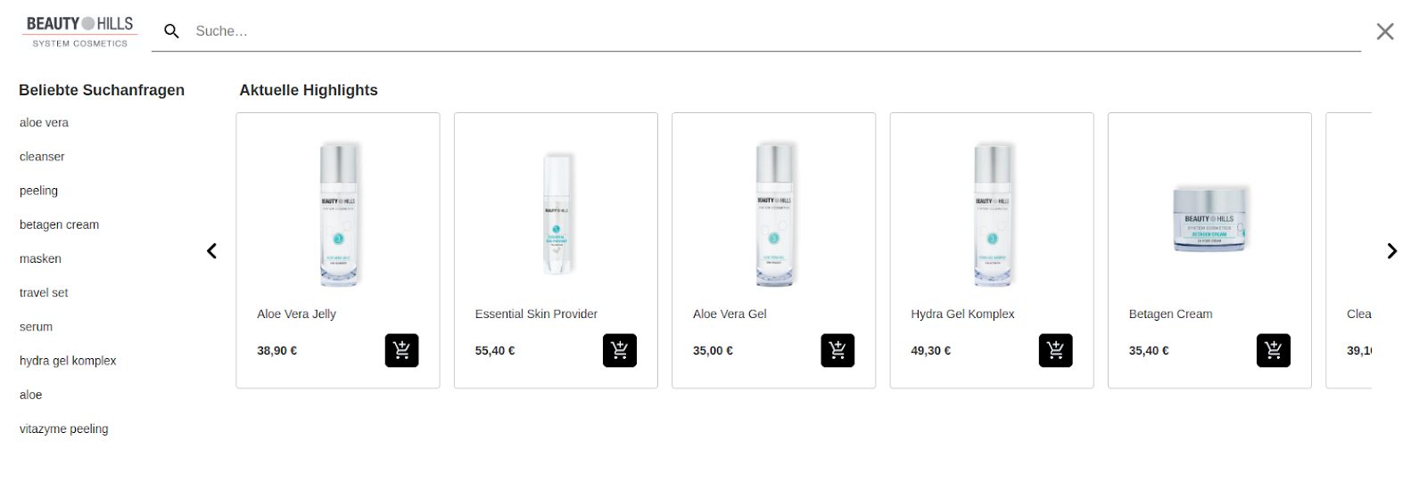 Beautyhills Produktsuche Einkaufswagen