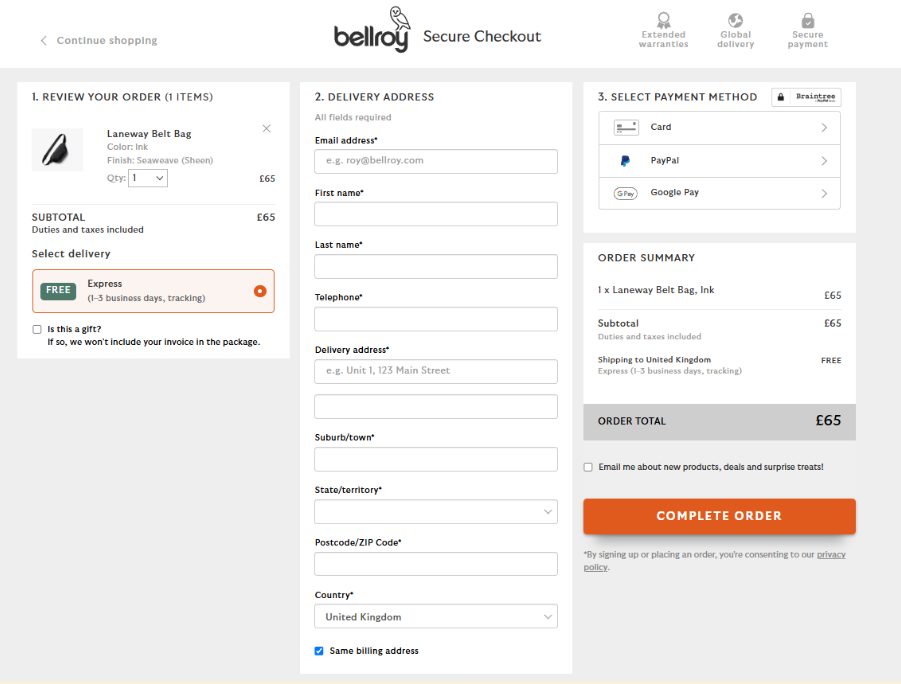 bellroy single page checkout