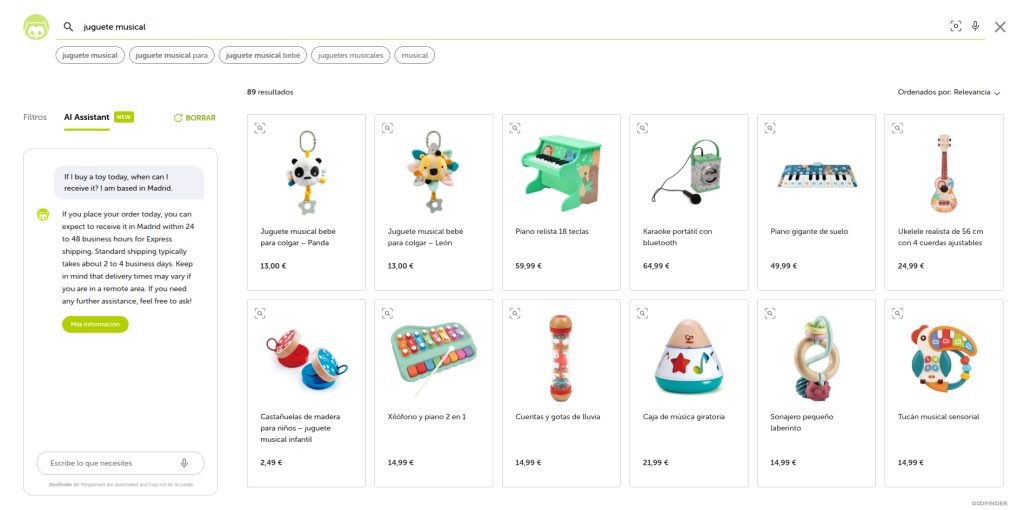 ai assistant doofinder caso de uso soporte varios idiomas en todo momento