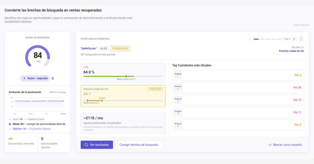 score de búsqueda y oportunidad de CTR con ingresos recuperables doofinder
