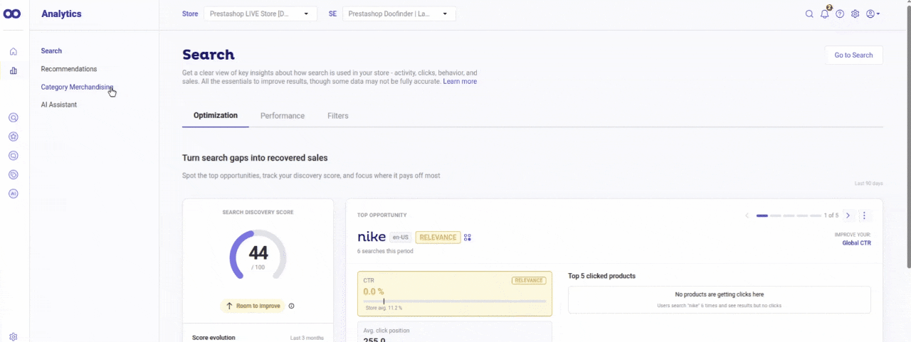 Doofinder analytics dashboard showing top searches, zero-results queries, and click-through data